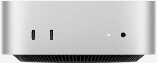 银色 Mac mini 的正面视图,展示正面的各个端口:两个 USB-C 端口和一个 3.5 毫米耳机插孔。