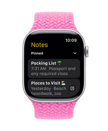 银色 Apple Watch 搭配牡丹色编织表带，表盘显示备忘录 app，其中有两条置顶备忘录。
